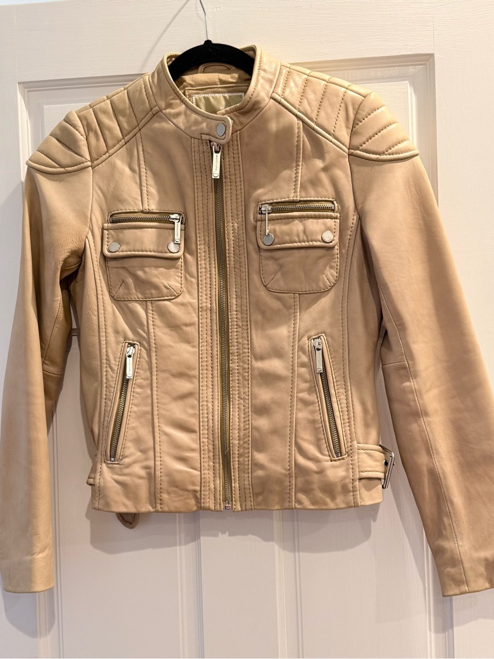 Michael Kors Buttery Leather Zip Front Cream Moto Jacket Cafe Racer